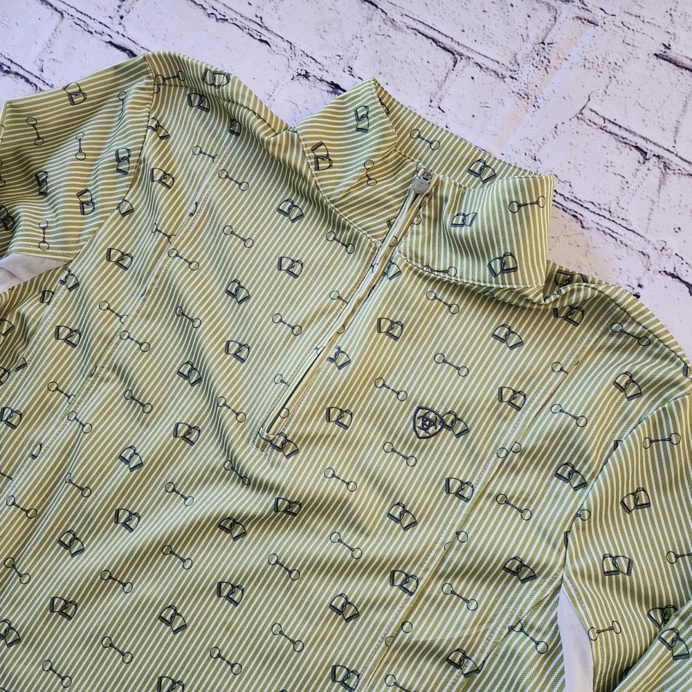 Ariat Women Green Pinstripe Equestrian Bit Print Quarter Zip Sun Shirt Medium
